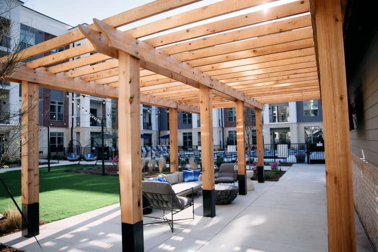 outdoor Courtyard with seating and pergola